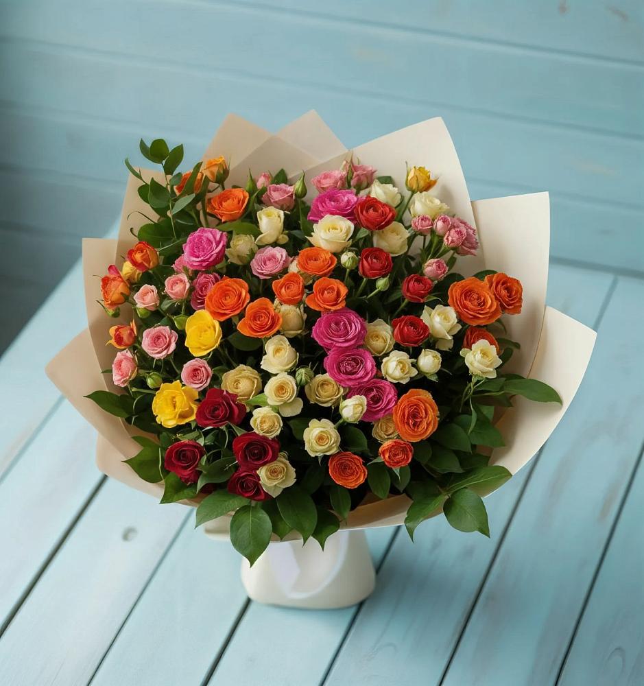 Букет Микс из разноцветных кустовых роз в Русской Поляне