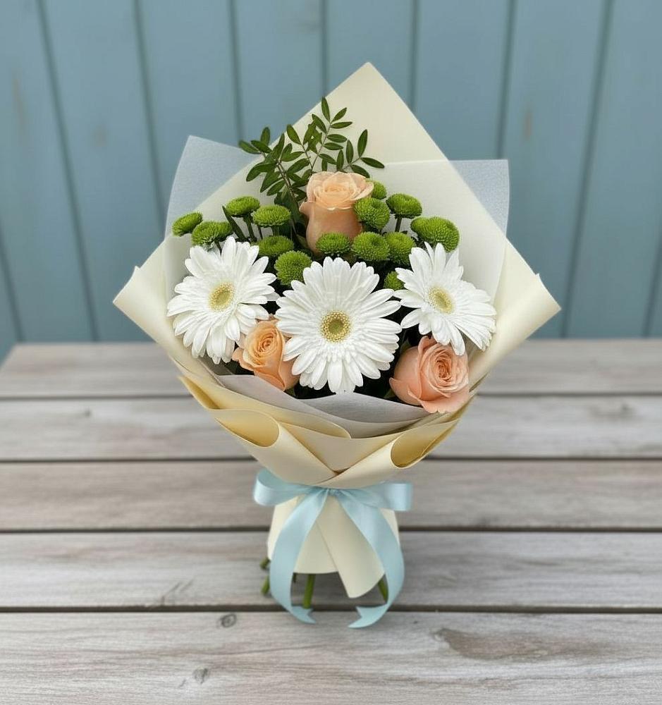 Букет цветов из: Герберы, Розы и Хризантемы в Русской Поляне