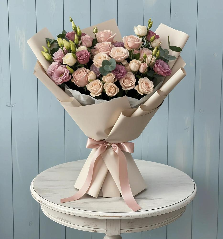 Букет цветов из: Розы и Лизиантусы в Русской Поляне