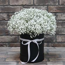 Цветочная композиция из Гипсофила в шляпной коробке в Русской Поляне