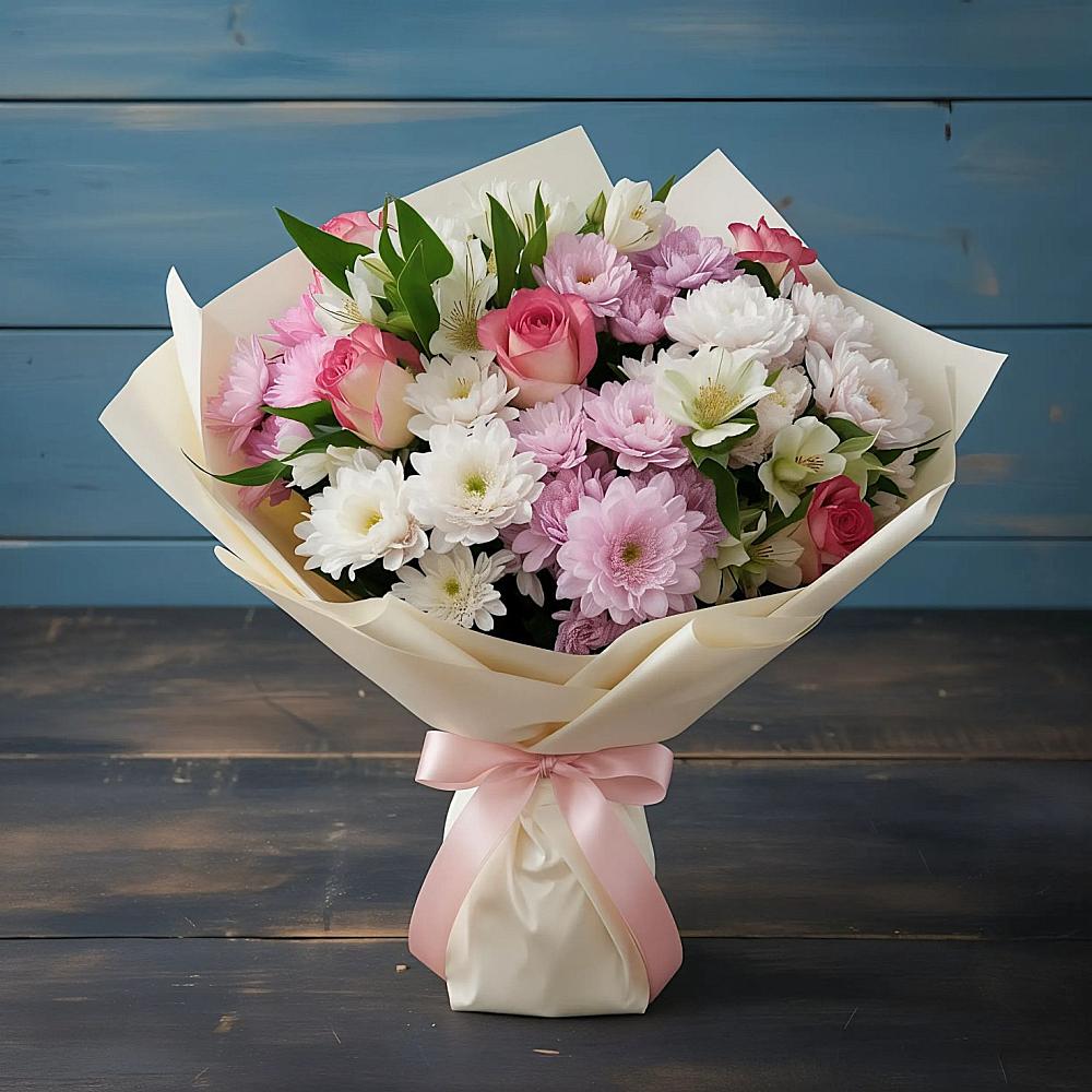 Букет цветов из: Хризантемы, Альстромерии и Розы в Русской Поляне